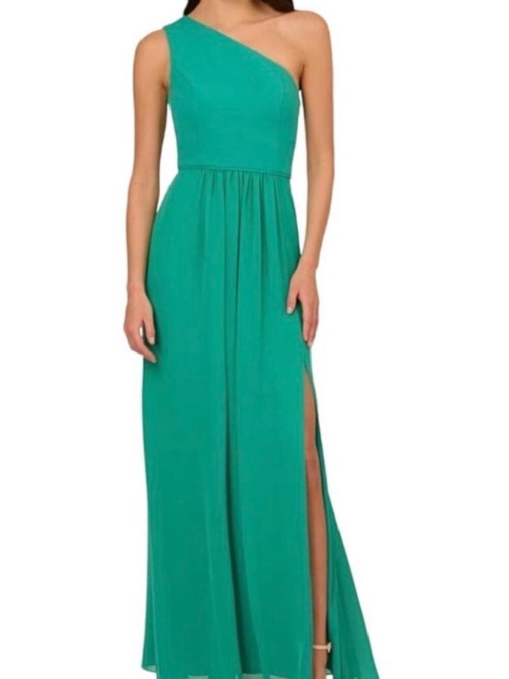 NWT Adrianna Papell One Shoulder Crepe/Chiffon Maxi Dress in Botanical Green. 2
